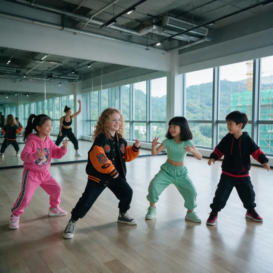 Children mid routine facing the mirrored wall of the dance studio at MosKiddo