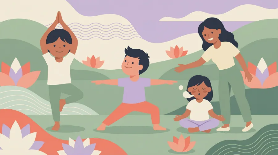 An illustration of children practising yoga poses in a lotus filled landscape